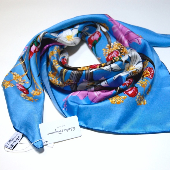 Salvatore Ferragamo Silk Scarf Flowers Sky Blue Multicolor Wrap Scarf - Picture 15 of 15